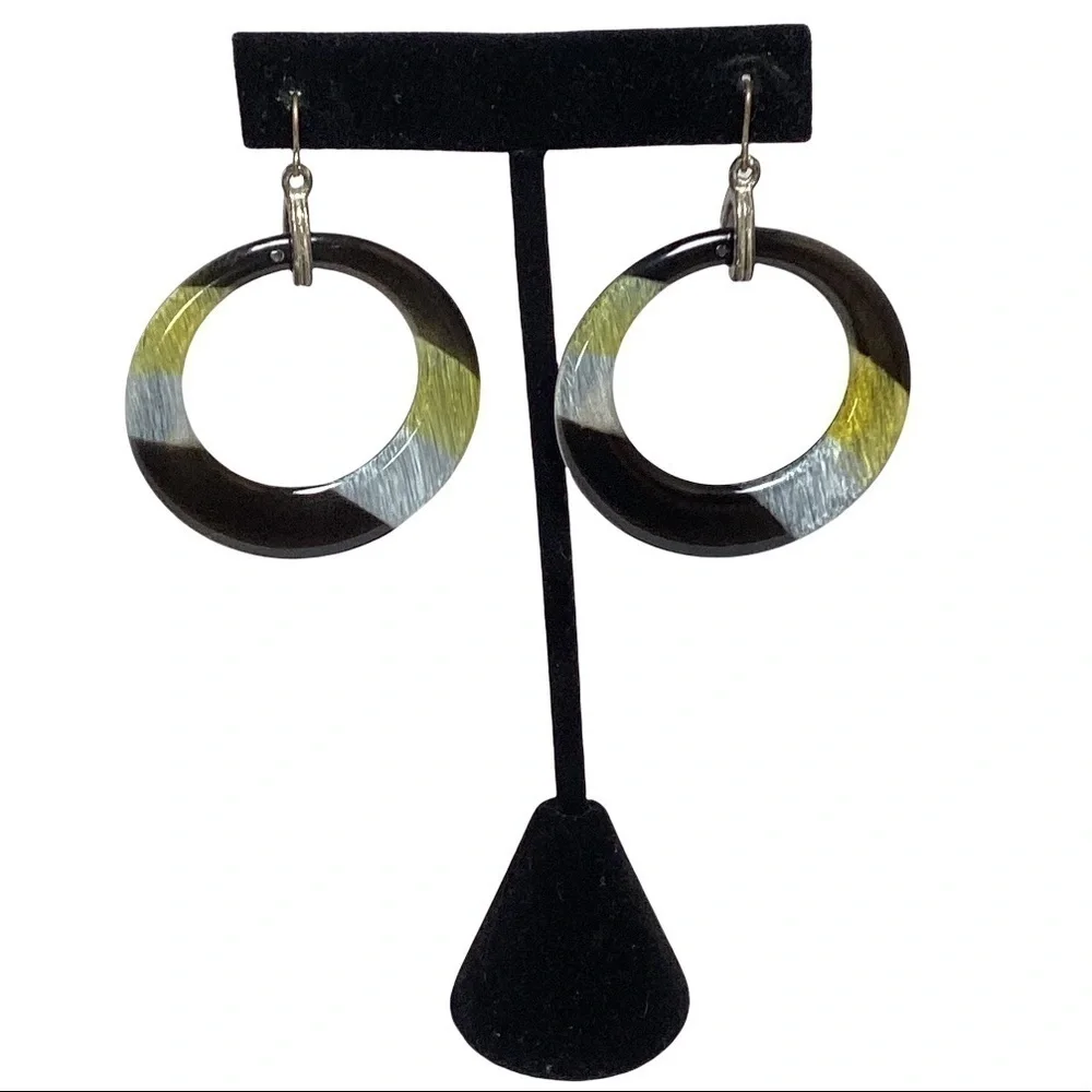 Acrylic Drop Hoop Earrings Silver Hook for Pierced Ears Black White Yellow